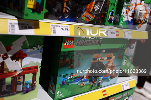 Lego Minecraft packaging are seen in a store in Krakow, Poland on October 2, 2024. 