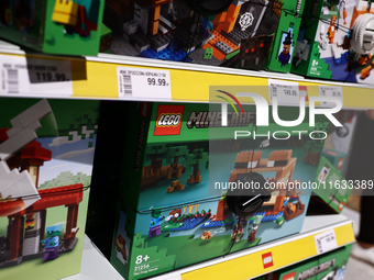 Lego Minecraft packaging are seen in a store in Krakow, Poland on October 2, 2024. (