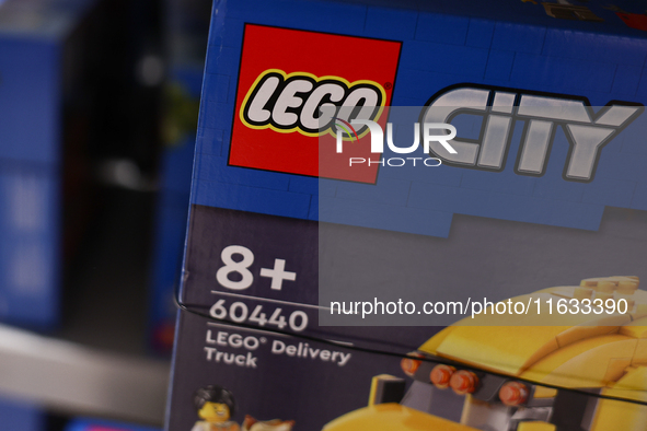 Lego City packaging is seen in a store in Krakow, Poland on October 2, 2024. 