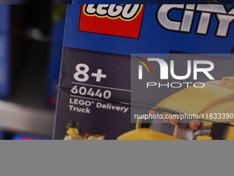 Lego City packaging is seen in a store in Krakow, Poland on October 2, 2024. (