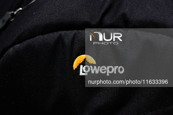 Lowepro logo is seen on a backpack in this illustration photo in Krakow, Poland on October 2, 2024. 