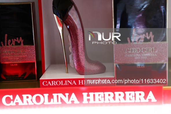 Carolina Herrera packaging are seen in a store in Krakow, Poland on October 2, 2024. 