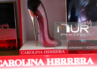 Carolina Herrera packaging are seen in a store in Krakow, Poland on October 2, 2024. (