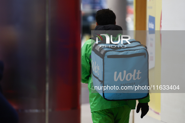 Wolt courier is seen in Krakow, Poland on October 2, 2024. 