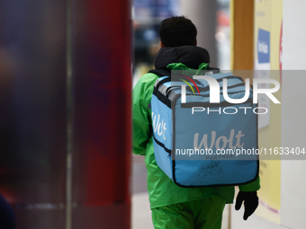 Wolt courier is seen in Krakow, Poland on October 2, 2024. (