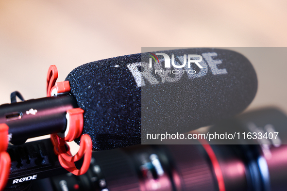 Rode logo is seen on a microphone in Krakow, Poland on October 2, 2024. 