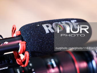 Rode logo is seen on a microphone in Krakow, Poland on October 2, 2024. (