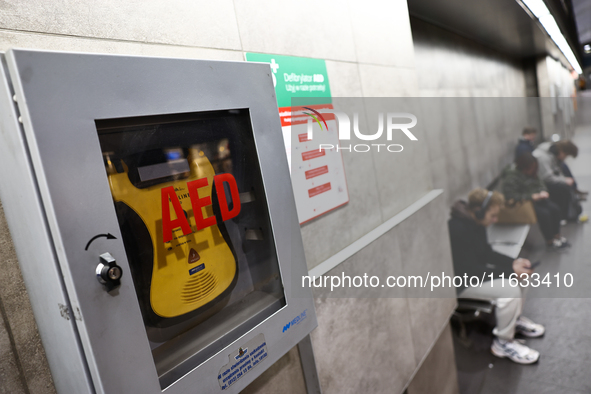 AED defibrilator is seen on a tram station in Krakow, Poland on October 2, 2024. 