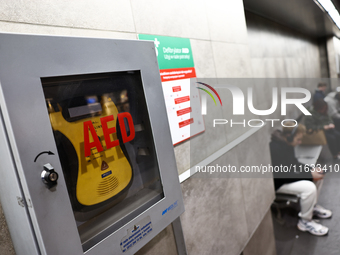 AED defibrilator is seen on a tram station in Krakow, Poland on October 2, 2024. (