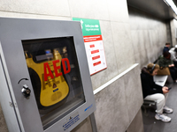 AED defibrilator is seen on a tram station in Krakow, Poland on October 2, 2024. (