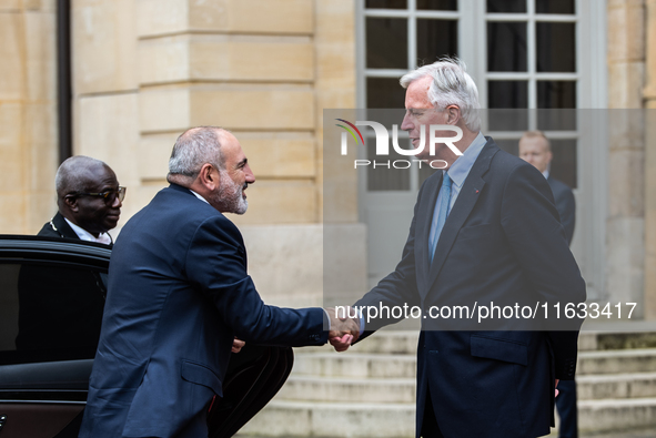 French PM Barnier welcomes Armenian PM Nikol Pashinyan. The meeting at the Hotel de Matignon, the PM's home, takes place within the framewor...