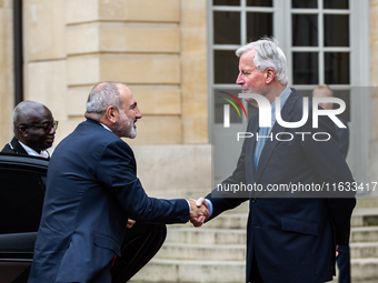 French PM Barnier welcomes Armenian PM Nikol Pashinyan. The meeting at the Hotel de Matignon, the PM's home, takes place within the framewor...