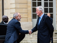 French PM Barnier welcomes Armenian PM Nikol Pashinyan. The meeting at the Hotel de Matignon, the PM's home, takes place within the framewor...