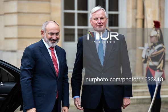 French PM Barnier welcomes Armenian PM Nikol Pashinyan. The meeting at the Hotel de Matignon, the PM's home, takes place within the framewor...