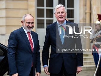 French PM Barnier welcomes Armenian PM Nikol Pashinyan. The meeting at the Hotel de Matignon, the PM's home, takes place within the framewor...