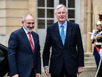 French PM Barnier welcomes Armenian PM Nikol Pashinyan. The meeting at the Hotel de Matignon, the PM's home, takes place within the framewor...