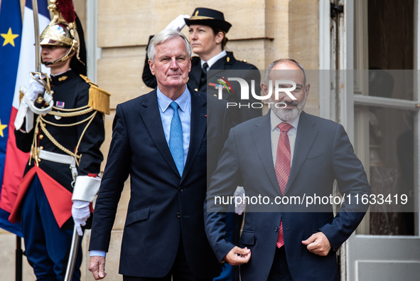 French PM Barnier welcomes Armenian PM Nikol Pashinyan. The meeting at the Hotel de Matignon, the PM's home, takes place within the framewor...