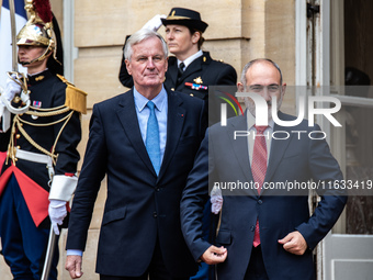 French PM Barnier welcomes Armenian PM Nikol Pashinyan. The meeting at the Hotel de Matignon, the PM's home, takes place within the framewor...