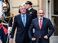 French PM Barnier welcomes Armenian PM Nikol Pashinyan. The meeting at the Hotel de Matignon, the PM's home, takes place within the framewor...