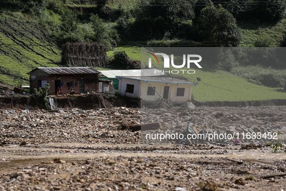 A view of the house damaged by the flood due to heavy rain in a village in Lalitpur district on the outskirts of Kathmandu, Nepal, on Octobe...