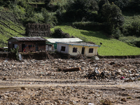 A view of the house damaged by the flood due to heavy rain in a village in Lalitpur district on the outskirts of Kathmandu, Nepal, on Octobe...