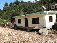 A view of the house damaged by the flood due to heavy rain in a village in Lalitpur district on the outskirts of Kathmandu, Nepal, on Octobe...