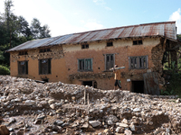 A view of the house damaged by the flood due to heavy rain in a village in Lalitpur district on the outskirts of Kathmandu, Nepal, on Octobe...