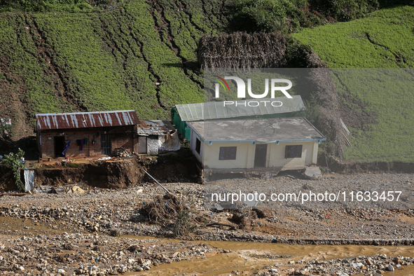 A view of the house damaged by the flood due to heavy rain in a village in Lalitpur district on the outskirts of Kathmandu, Nepal, on Octobe...