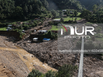 A view of the house damaged by the flood due to heavy rain in a village in Lalitpur district on the outskirts of Kathmandu, Nepal, on Octobe...