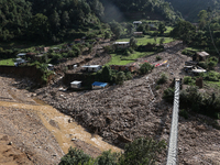 A view of the house damaged by the flood due to heavy rain in a village in Lalitpur district on the outskirts of Kathmandu, Nepal, on Octobe...