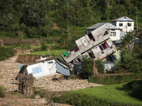 A view of the house damaged by the flood due to heavy rain in a village in Lalitpur district on the outskirts of Kathmandu, Nepal, on Octobe...