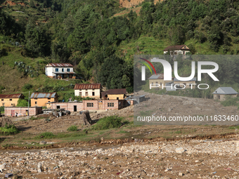 A view of the house damaged by the flood due to heavy rain in a village in Lalitpur district on the outskirts of Kathmandu, Nepal, on Octobe...