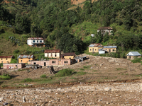 A view of the house damaged by the flood due to heavy rain in a village in Lalitpur district on the outskirts of Kathmandu, Nepal, on Octobe...