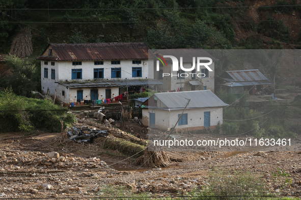 A view of the house damaged by the flood due to heavy rain in a village in Lalitpur district on the outskirts of Kathmandu, Nepal, on Octobe...