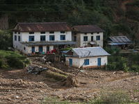 A view of the house damaged by the flood due to heavy rain in a village in Lalitpur district on the outskirts of Kathmandu, Nepal, on Octobe...