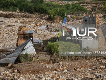 A view of the house damaged by the flood due to heavy rain in a village in Lalitpur district on the outskirts of Kathmandu, Nepal, on Octobe...