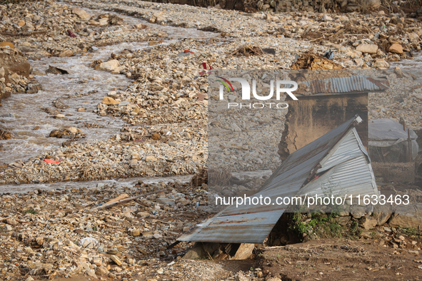 A view of the house damaged by the flood due to heavy rain in a village in Lalitpur district on the outskirts of Kathmandu, Nepal, on Octobe...