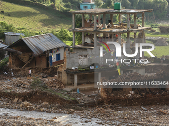 A view of the house damaged by the flood due to heavy rain in a village in Lalitpur district on the outskirts of Kathmandu, Nepal, on Octobe...