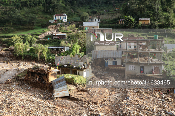 A view of the house damaged by the flood due to heavy rain in a village in Lalitpur district on the outskirts of Kathmandu, Nepal, on Octobe...