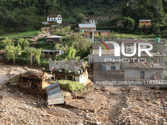 A view of the house damaged by the flood due to heavy rain in a village in Lalitpur district on the outskirts of Kathmandu, Nepal, on Octobe...