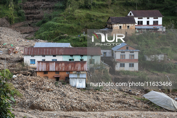 A view of the house damaged by the flood due to heavy rain in a village in Lalitpur district on the outskirts of Kathmandu, Nepal, on Octobe...