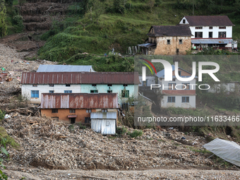 A view of the house damaged by the flood due to heavy rain in a village in Lalitpur district on the outskirts of Kathmandu, Nepal, on Octobe...