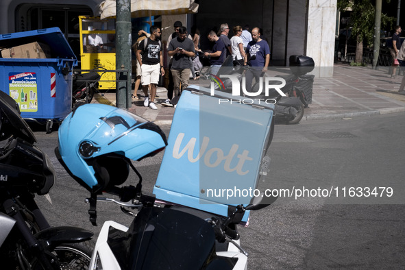 A Wolt delivery motorcycle is in the center of Athens, Greece, on October 3, 2024. Wolt is the second most popular delivery company in Greec...