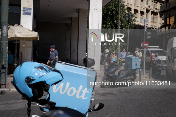 Two Wolt delivery motorcycles are in the center of Athens, Greece, on October 3, 2024. Wolt is the second most popular delivery company in G...