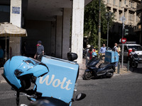 Two Wolt delivery motorcycles are in the center of Athens, Greece, on October 3, 2024. Wolt is the second most popular delivery company in G...