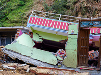 Salamdo River flooding damages homes in Patikharka of Kavrepalanchok District, Nepal, on October 3, 2024. Homes are severely damaged, with m...