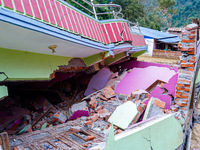 Salamdo River flooding damages homes in Patikharka of Kavrepalanchok District, Nepal, on October 3, 2024. Homes are severely damaged, with m...