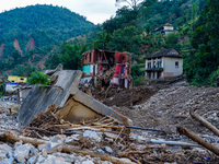 Salamdo River flooding damages homes in Patikharka of Kavrepalanchok District, Nepal, on October 3, 2024. Homes are severely damaged, with m...