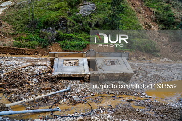 Salamdo River flooding damages homes in Patikharka of Kavrepalanchok District, Nepal, on October 3, 2024. Homes are severely damaged, with m...