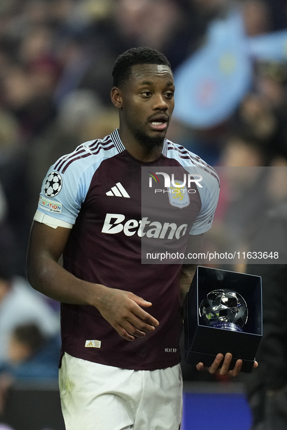 Jhon Duran centre-forward of Aston Villa and Colombia with MVP trophy after the UEFA Champions League 2024/25 League Phase MD2 match between...